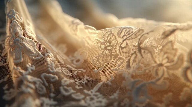 Close-up of intricate lace fabric with delicate floral patterns and soft, warm lighting, creating a luxurious and elegant texture.