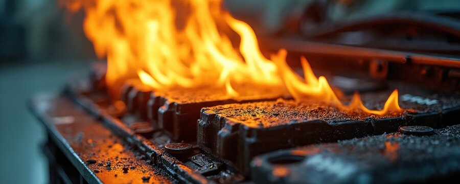 Electric car battery ignites during fire safety test. Lithium ion cells burn intensely, highlighting thermal runaway hazard. Research checks prevention measures and vehicle protection.