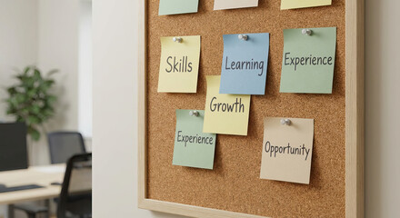 Cork Board with Colorful Sticky Notes displaying 'Skills', 'Learning', 'Experience', 'Growth', 'Opportunity' in Office Setting