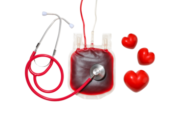Blood bag with stethoscope and red hearts, isolated, PNG