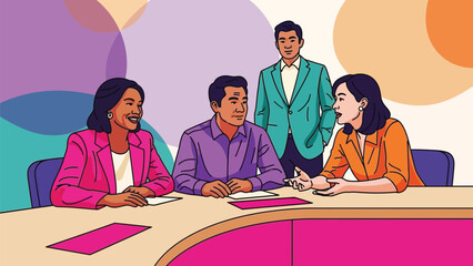Dynamic illustration of a diverse business team engaged in productive collaborative meeting