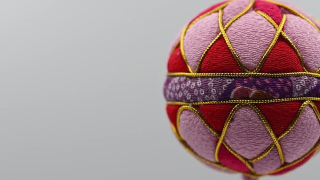 Close‑Up of Sagemon Temari Ornament, Fabric Texture and Embroidery (Right)