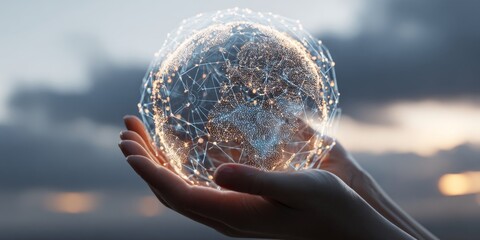 Hand Holding Glowing Digital Earth Globe with Network Lines and Dots Against Dramatic Sky Background for Technology and Globalization Concepts