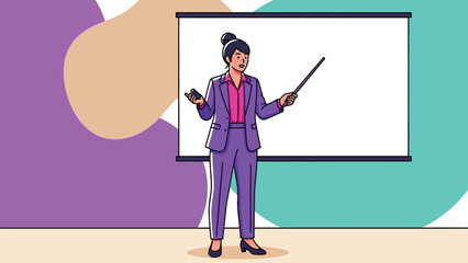 Confident female presenter leading an important meeting with visual aids and technology