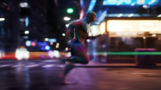 A figure sprints at night with a colorful polygonal design