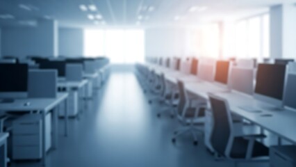 Modern office space with rows of computer workstations