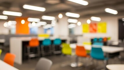 Blurry office interior with colorful chairs and white tables
