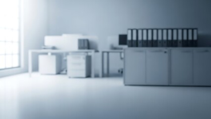 Blurry office interior with desk and file cabinets