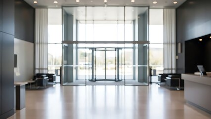 Modern office lobby with glass entrance and reception desk