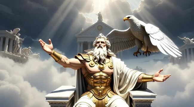 Powerful Zeus, King of Gods Enthroned with Majestic Eagle in Celestial Sky