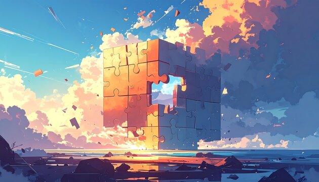 Animated puzzle cube floating in sunset sky with a missing piece