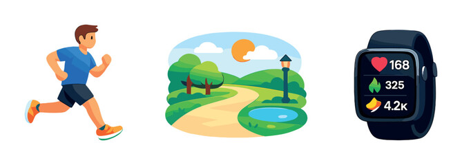 Asian male running with smartwatch tracking fitness on nature trail