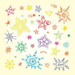 Collection of stars. Colorful Stars hand drawn doodles