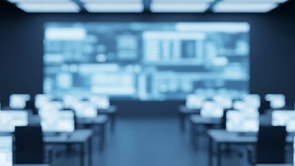 Blurry classroom with computers and blue projection screen