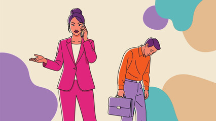 Dynamic business communication juxtaposed with professional weariness, featuring an assertive