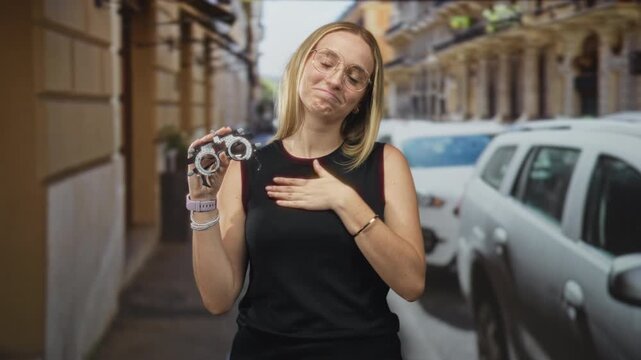 Woman testing glasses holding an optometry trial frame, hand on chest, blonde in sleeveless black top, standing on a street lined with parked cars and buildings; gratitude.