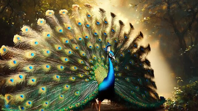 Majestic Peacock Displaying Vibrant Feathers in a Forest Setting.