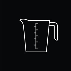 Measuring cup vector line icon. White outline illustration of a kitchen jug with scale markings. Linear beaker symbol isolated on black background for cooking, baking, or chemistry design.