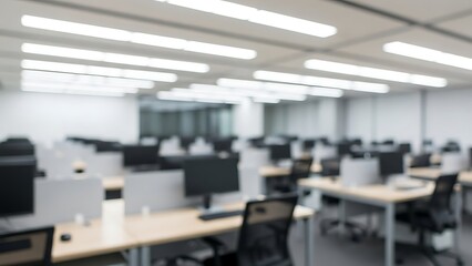 Blurry office space with computers and desks