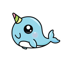 Cute cartoon narwhal vector illustration. Kawaii "unicorn of the sea" character with blue body and colorful horn. Happy baby marine animal isolated on white background for kids and stickers. © laias