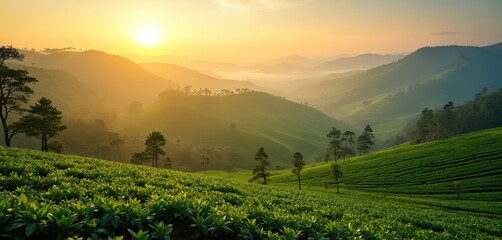 Expansive green tea plantation on rolling hills at sunrise. Mist fills valleys between mountain ridges. Lush vegetation thrives in early morning sunlight. Agricultural landscape offers scenic beauty.