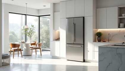 Fototapeta premium Bright modern kitchen interior design with white cabinets marble countertop stainless steel fridge. Round table with chairs is near panoramic windows and green view. Minimalist design home.