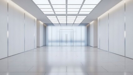 Modern interior with white walls and tiled floor leading to glass door