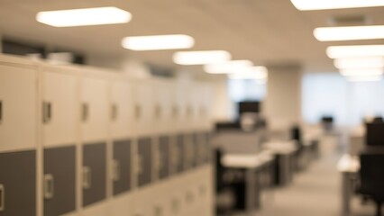 Blurry office interior with lockers and desks