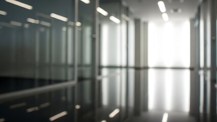 Blurred office hallway with glass walls and bright light
