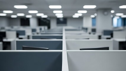 Blurred office cubicle workspace with gray and white dividers