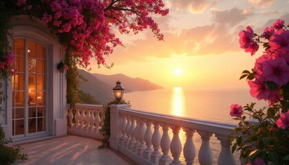 Elegant balcony with classic white balustrade features vibrant pink bougainvillea flowers. Overlooks breathtaking ocean sunset, with distant mountains. Warm golden light reflects on calm sea,
