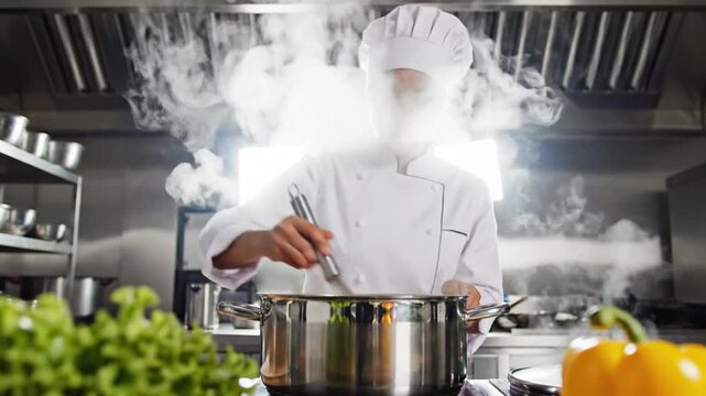 Culinary Maestro at Work: A seasoned chef, enveloped in a cloud of aromatic steam, meticulously stirs a simmering pot, embodying the artistry and passion behind every delicious dish.