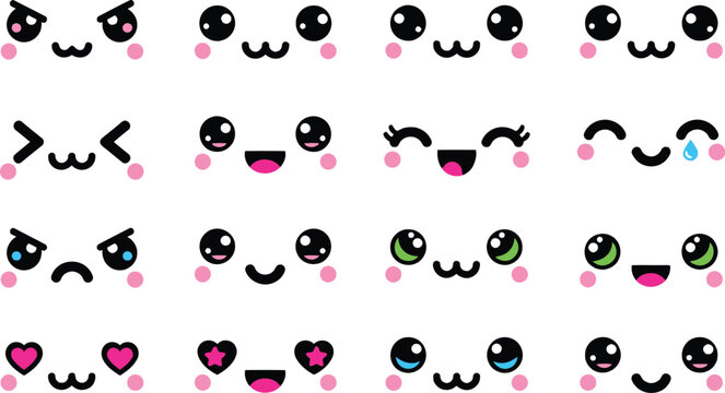 Big collection of cute kawaii anime face expressions with large eyes and pink cheeks, variety of sweet and funny emotions for stickers and design.
