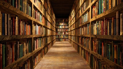 Deep perspective of library with aged wooden shelves filled with books. Dark, inviting ambiance