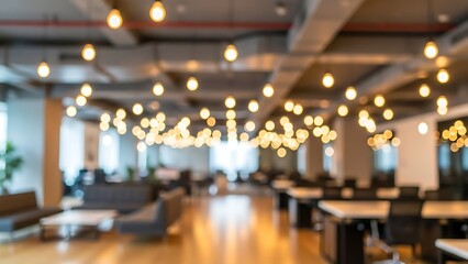 Blurred office interior with modern furniture and warm lighting
