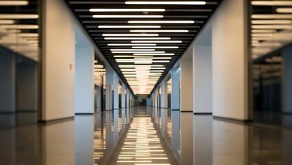 Long office corridor with white walls and ceiling lights