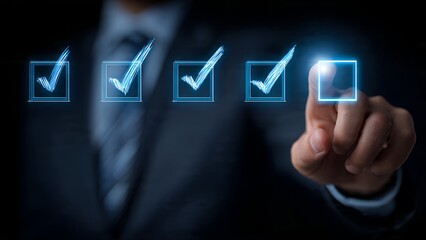 Businessman Selecting Digital Checklist with Blue Check Marks on Virtual Interface