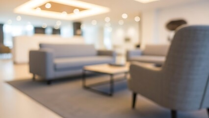 Blurry living room interior with gray sofa and armchair