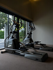 Elliptical machines in modern gym near glass window. Ideal for concepts of cardio workout, fat burning, fitness training, and healthy lifestyle. Great for wellness, gym, and exercise-related content.