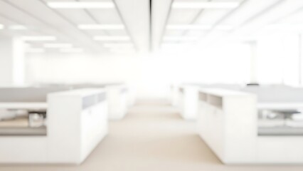 Blurry white office interior with cubicles
