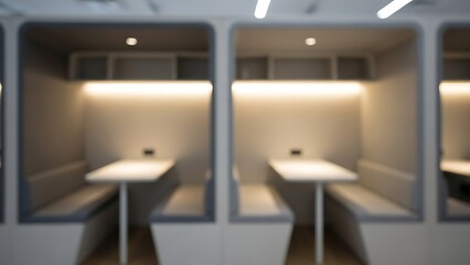 Modern office cubicles with built-in seating and lighting