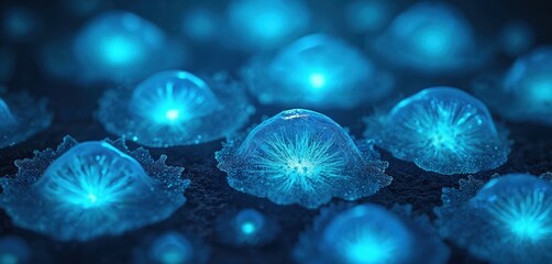 Close up bioluminescent algae cells under microscope. Glowing blue microorganisms marine plankton science photo. Underwater sea organisms plant life study. Research of new organic blue tech materials