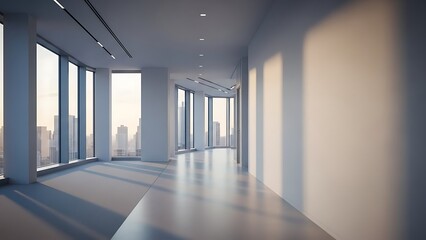 Modern office interior with city view through large windows