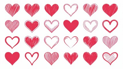 Collection of hand drawn red hearts on a white background expressing love and affection
