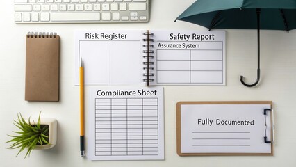 Organized Desk Setup with Notebooks, Pens, Umbrella, and Plant for Business Documentation and Risk Management Processes