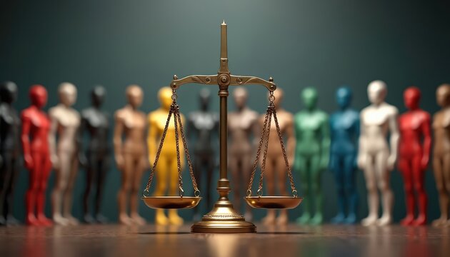 Golden scales of justice stand before colorful diverse human figures in row. Equality fairness, legal rights. Represents society law, community unity. Community support balance judgement truth.