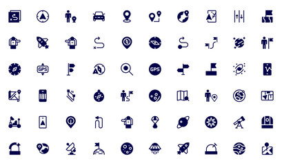 Navigation solid Icon Set &ndash; Minimal Line Art Vector Illustrations for Astronaut, Satellite, Rocket, Trajectory, and Space Mission Designs