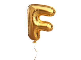 Celebratory golden letter F balloon font. Joyful, shiny, inflatable alphabet character for birthday party, isolated transparency background
