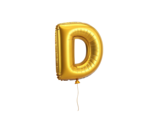 Shiny gold foil balloon in shape of letter D. festive alphabet font element for happy celebration, isolated on background