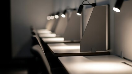 Row of modern office desks with built-in lamps